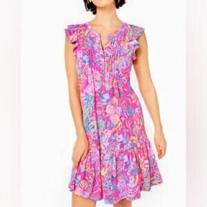 Lilly Pulitzer Golda Flutter Sleeve Cotton Knit Dress in Pink Isle - Size Small